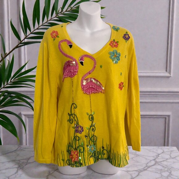 Jack B. Quick Tops - Vintage Jack B. Quick Flamingo Sweater | 90s Novelty Knit | Beaded | Size L